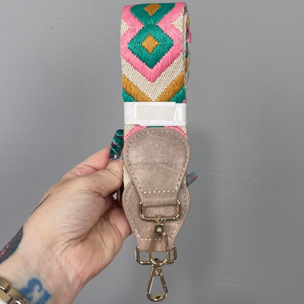 Pink Peach Teal Geo Embroidered Bag Guitar Strap Crossbody Shoulder Boho Western - Picture 3 of 6